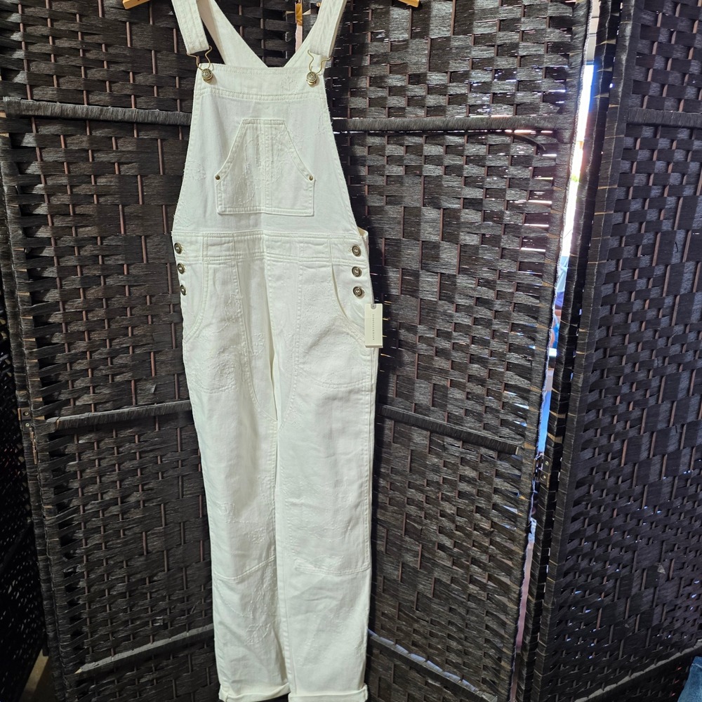 Anthropologie Pilcro White Embroidered Denim Overalls Size 24 Tall Floral NWT